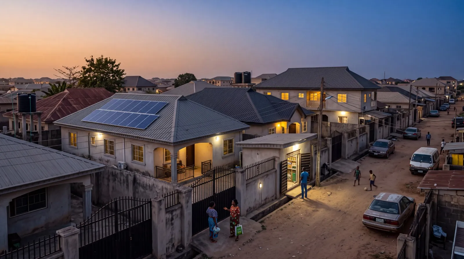 Aerial view of a Nigerian neighbourhood at dusk, with solar panels on one rooftop and neighbours on the street below