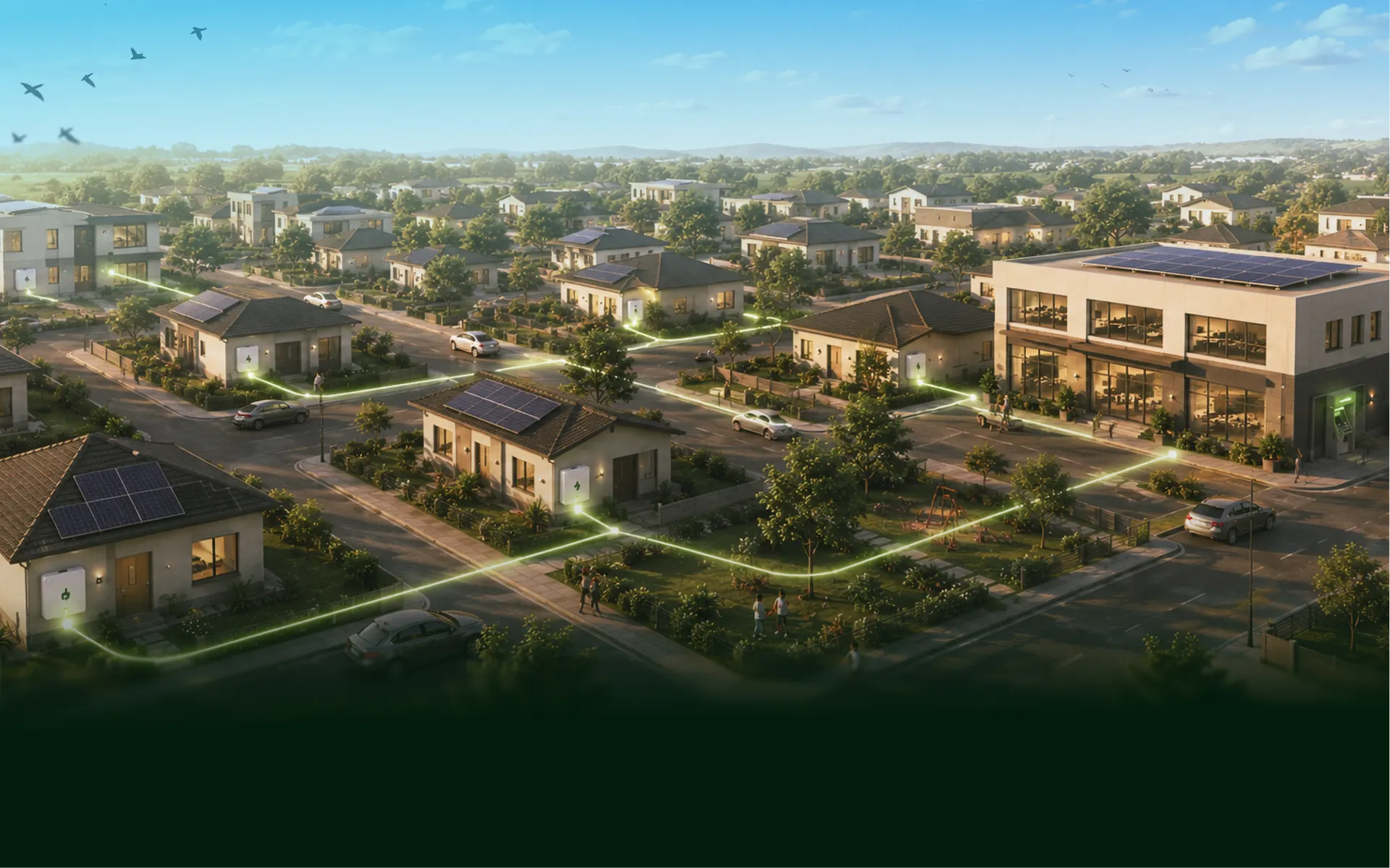 Aerial view of a solar-powered neighbourhood connected by a glowing green smart grid